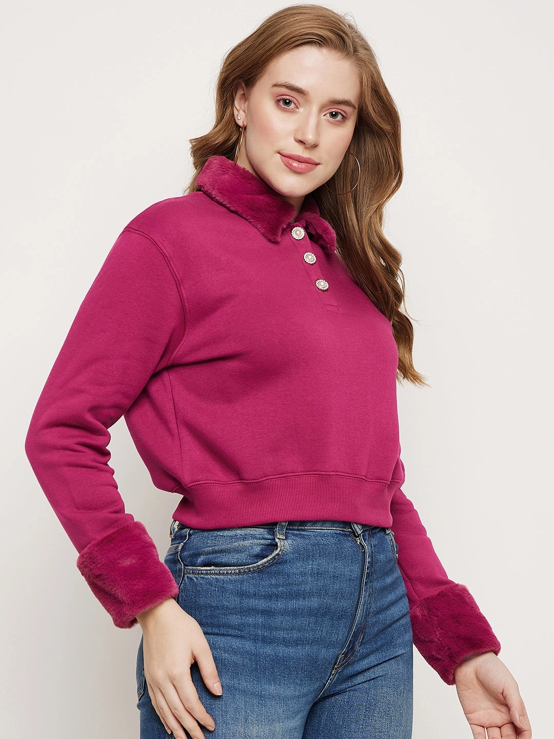 buckle accents Effortless Fashion Madame Plum Faux Fur Collared Crop Sweatshirt
