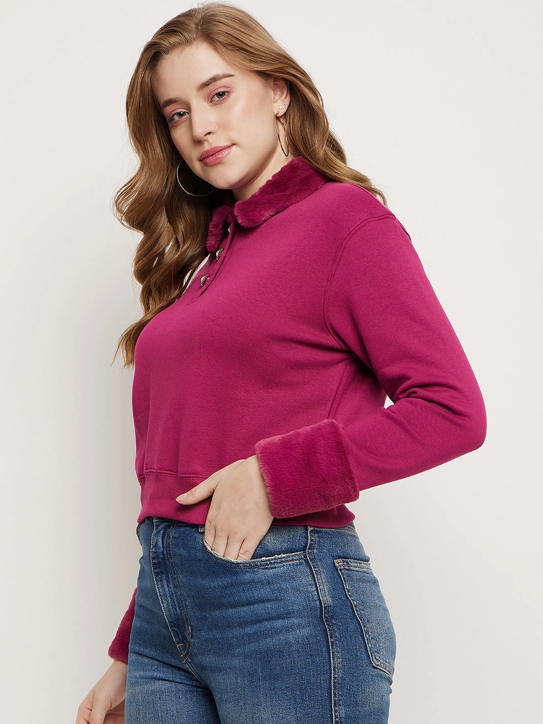 All-Day Wear Madame Plum Faux Fur Collared Crop Sweatshirt