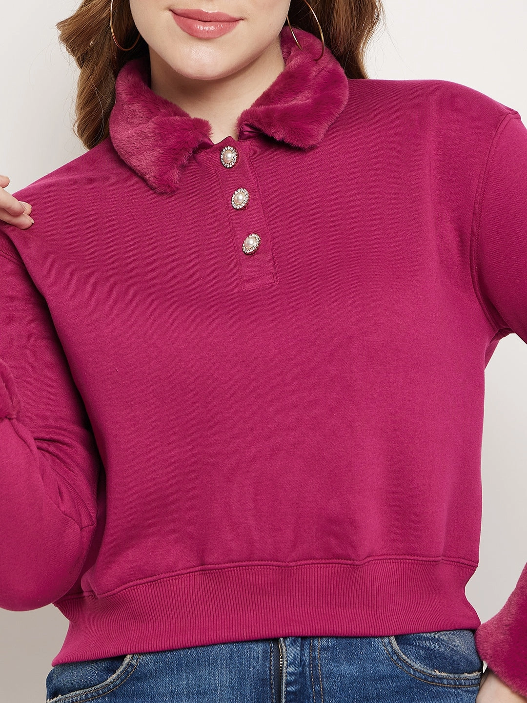 Core Comfort product fuzzy coziness Madame Plum Faux Fur Collared Crop Sweatshirt