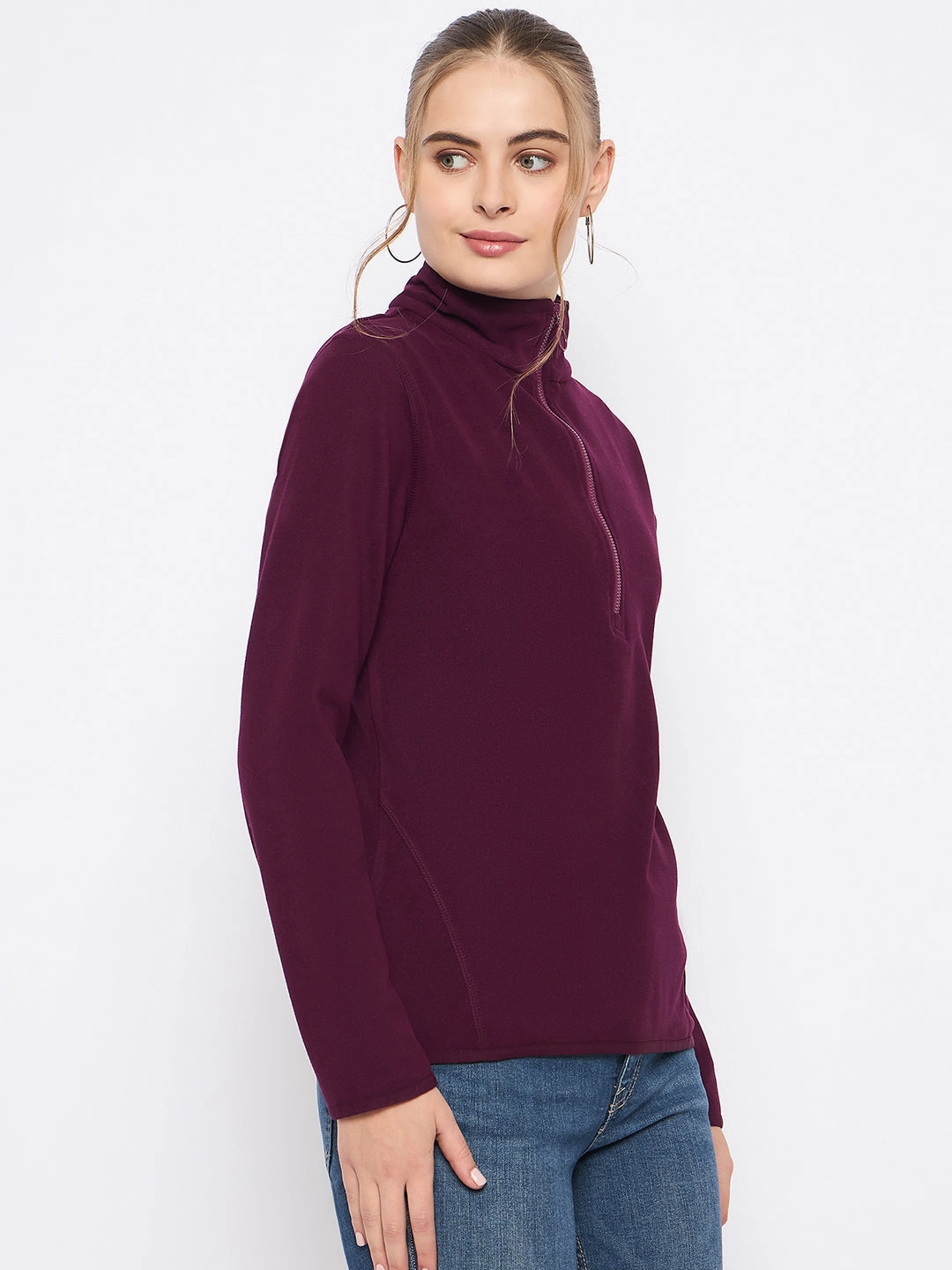 Stylish Hoodie Madame Polar Fleece Half-Zipper Mulberry Sweatshirt