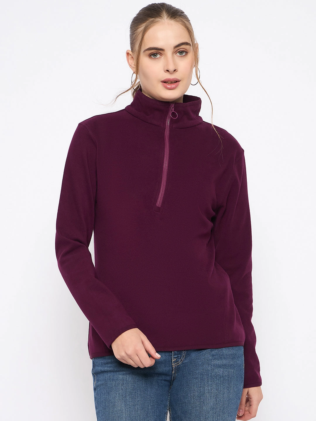 Cozy Street Contrast Stitching Madame Polar Fleece Half-Zipper Mulberry Sweatshirt