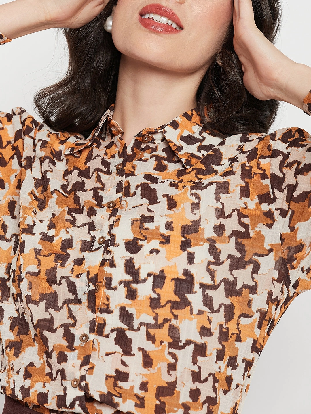 fade resistant color Madame Printed Beige Shirt With Cuff Sleeves