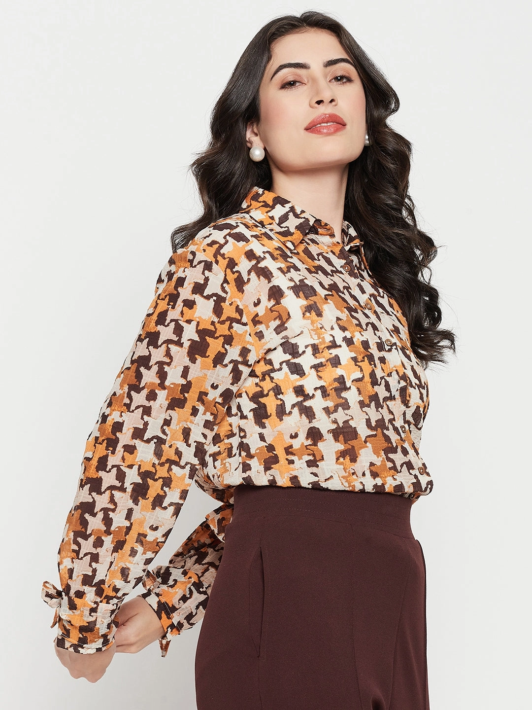 Madame Printed Beige Shirt With Cuff Sleeves Timeless Fit