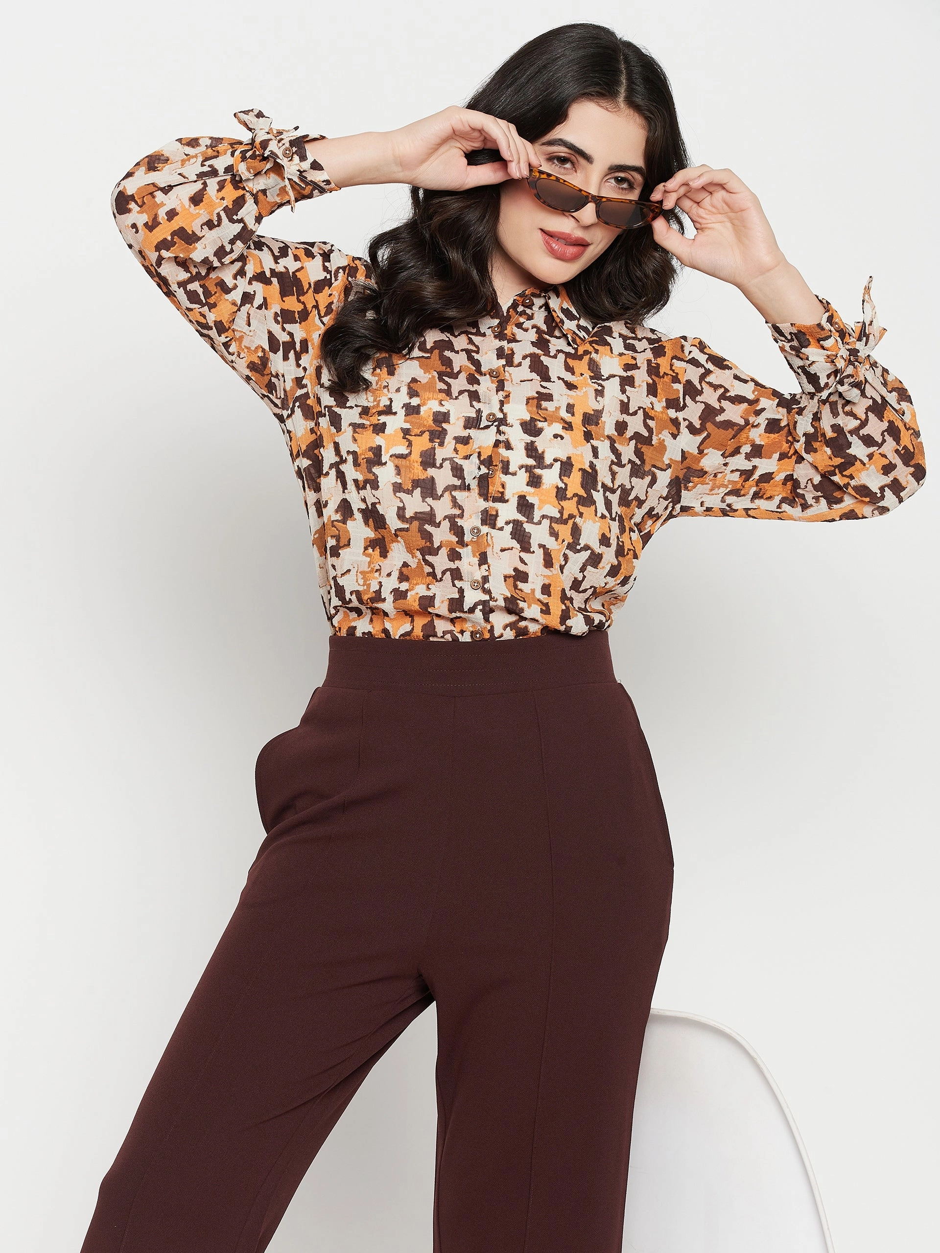 Madame Printed Beige Shirt With Cuff Sleeves Wrinkle Resistant Material