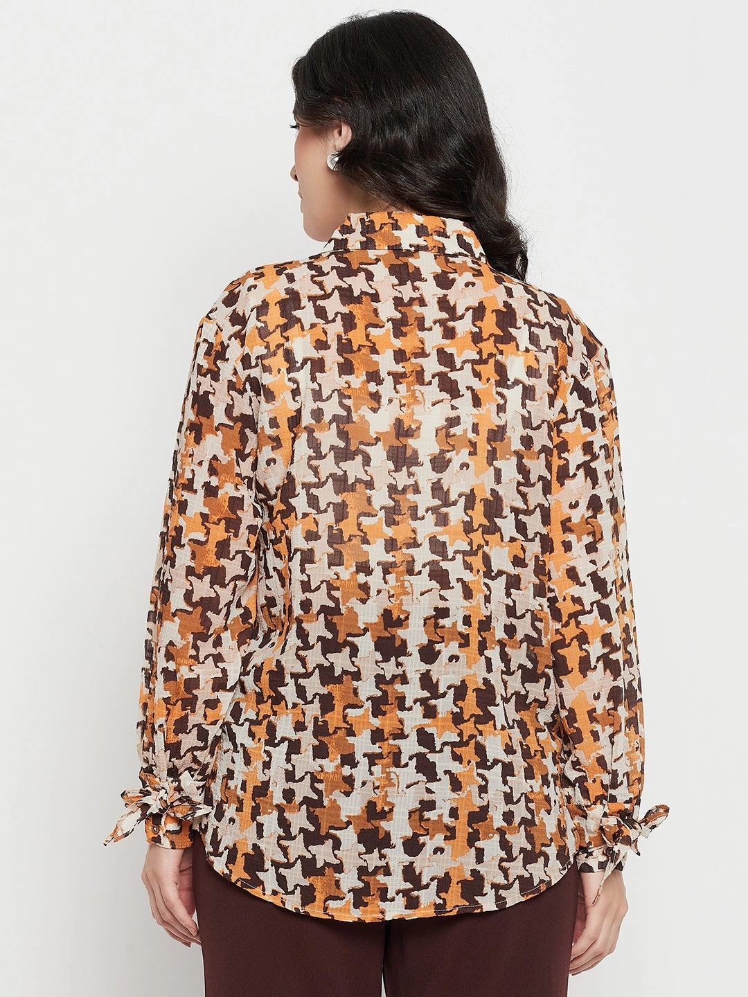 Hidden Button Placket Madame Printed Beige Shirt With Cuff Sleeves