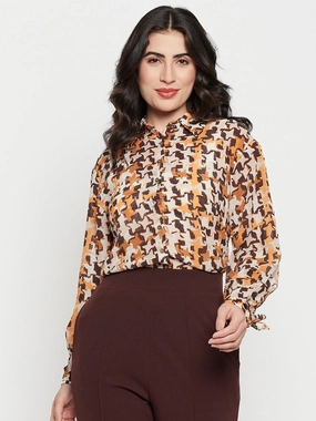 Madame Printed Beige Shirt With Cuff Sleeves Bold Statement Twill Weave