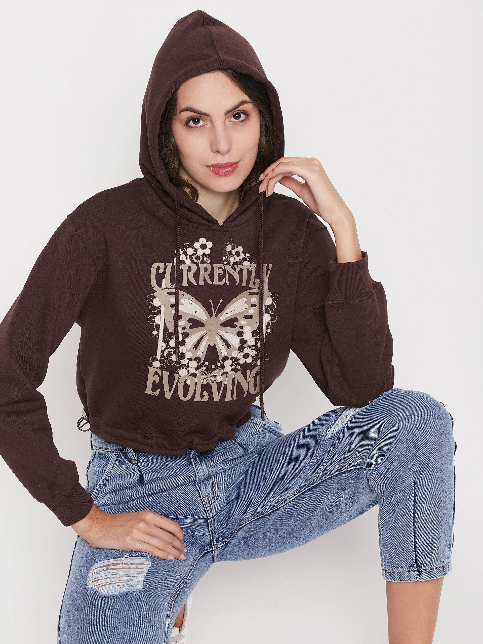 Madame Printed Coffee Brown Crop Sweatshirt Cozy Wear