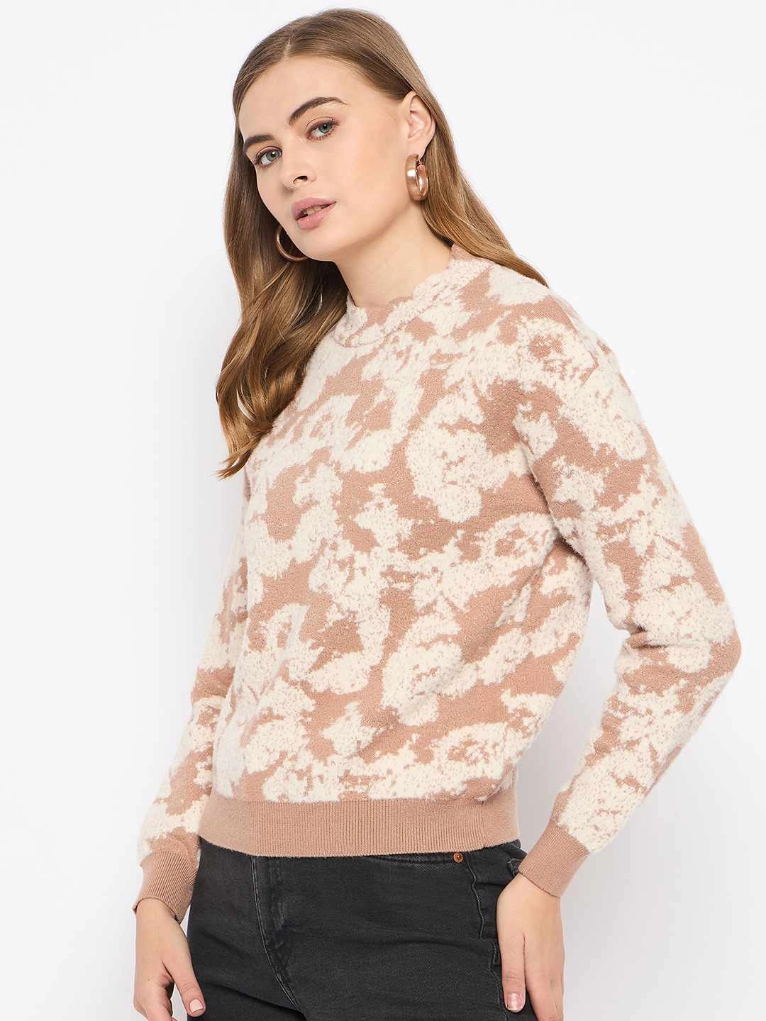 Madame Printed Crew Neck Beige Sweater Chic and Warm Chill Comfort Design