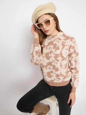 Madame Printed Crew Neck Beige Sweater Light Wear Relaxed Fit