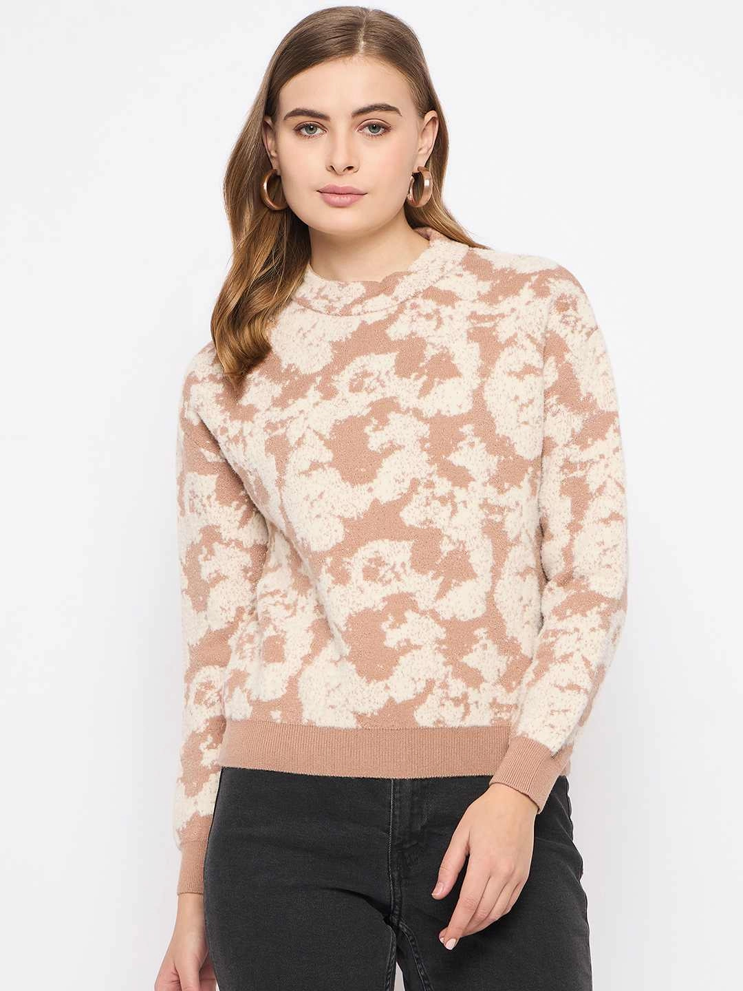 Odor Resistant Madame Printed Crew Neck Beige Sweater
