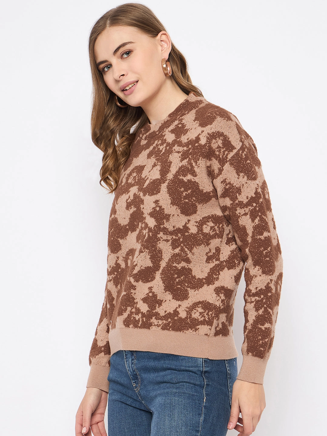 Madame Printed Crew Neck Tan Sweater Chill Comfort Wear