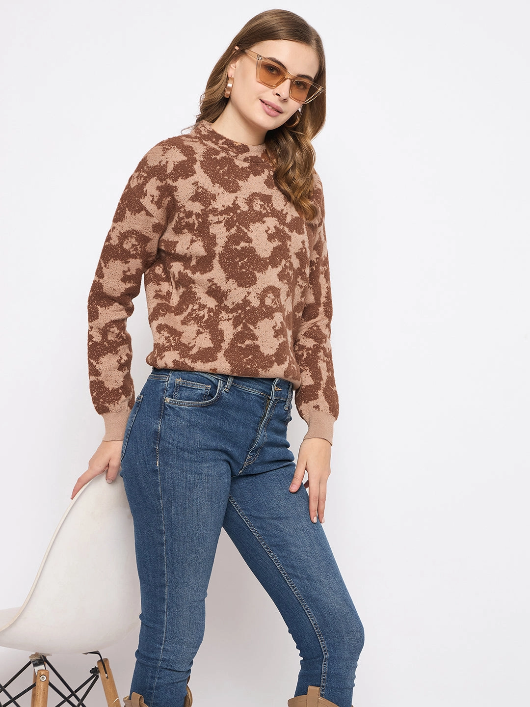 Madame Printed Crew Neck Tan Sweater Soft Fabric Look Ergonomic Sleeve Engineering