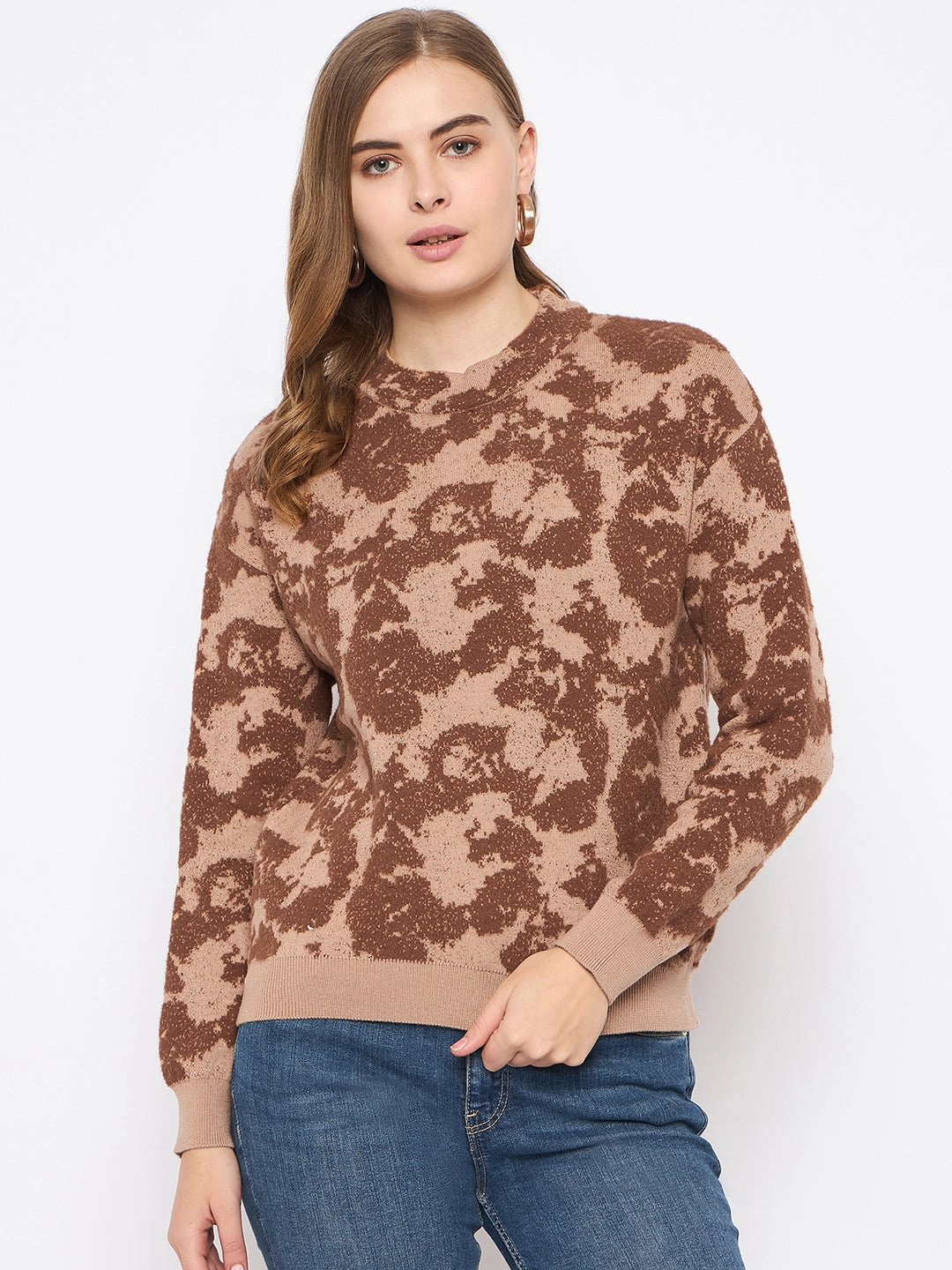Ultra Soft Merino Blend Cozy Wearable Madame Printed Crew Neck Tan Sweater