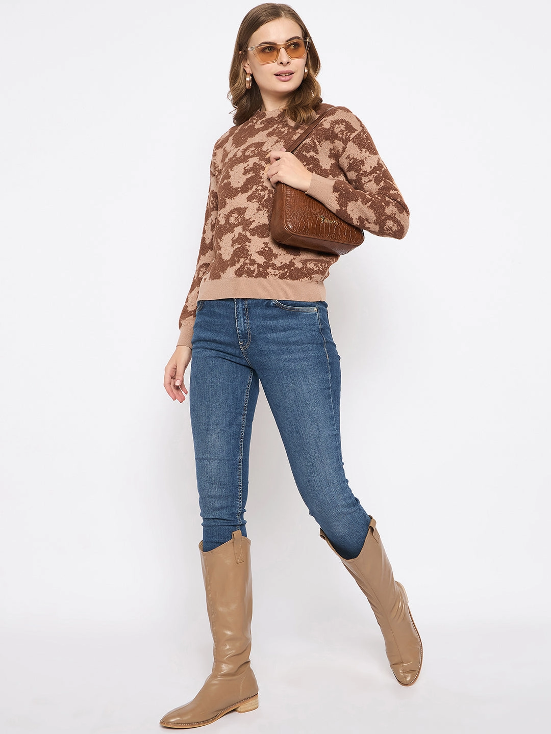 Madame Printed Crew Neck Tan Sweater Breathable Stretch Design