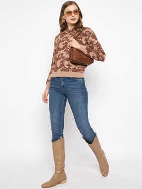 Madame Printed Crew Neck Tan Sweater Breathable Stretch Design