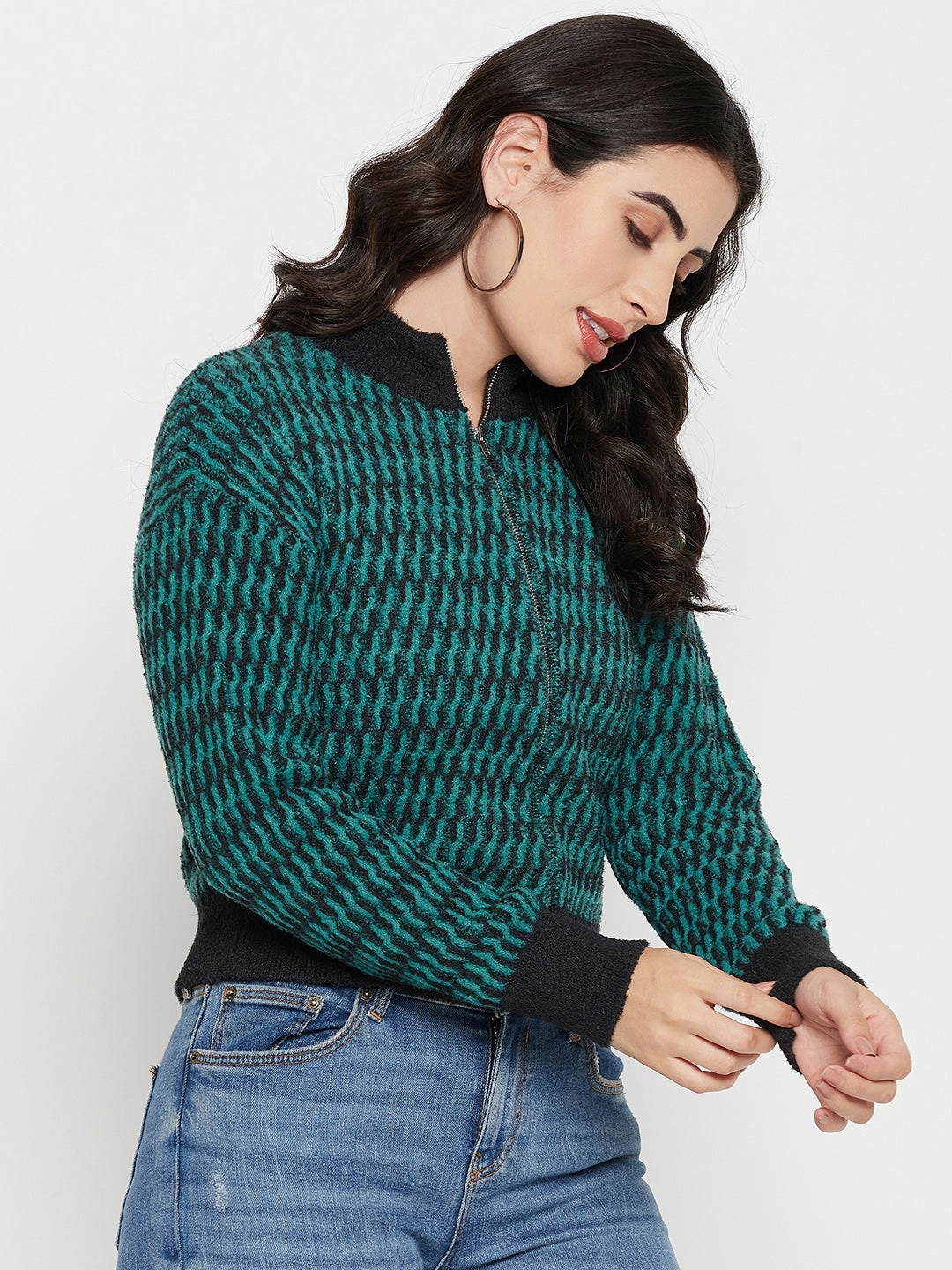 All-Weather Comfort Colorfast Dye Method Madame Printed Emerald Green Sweater