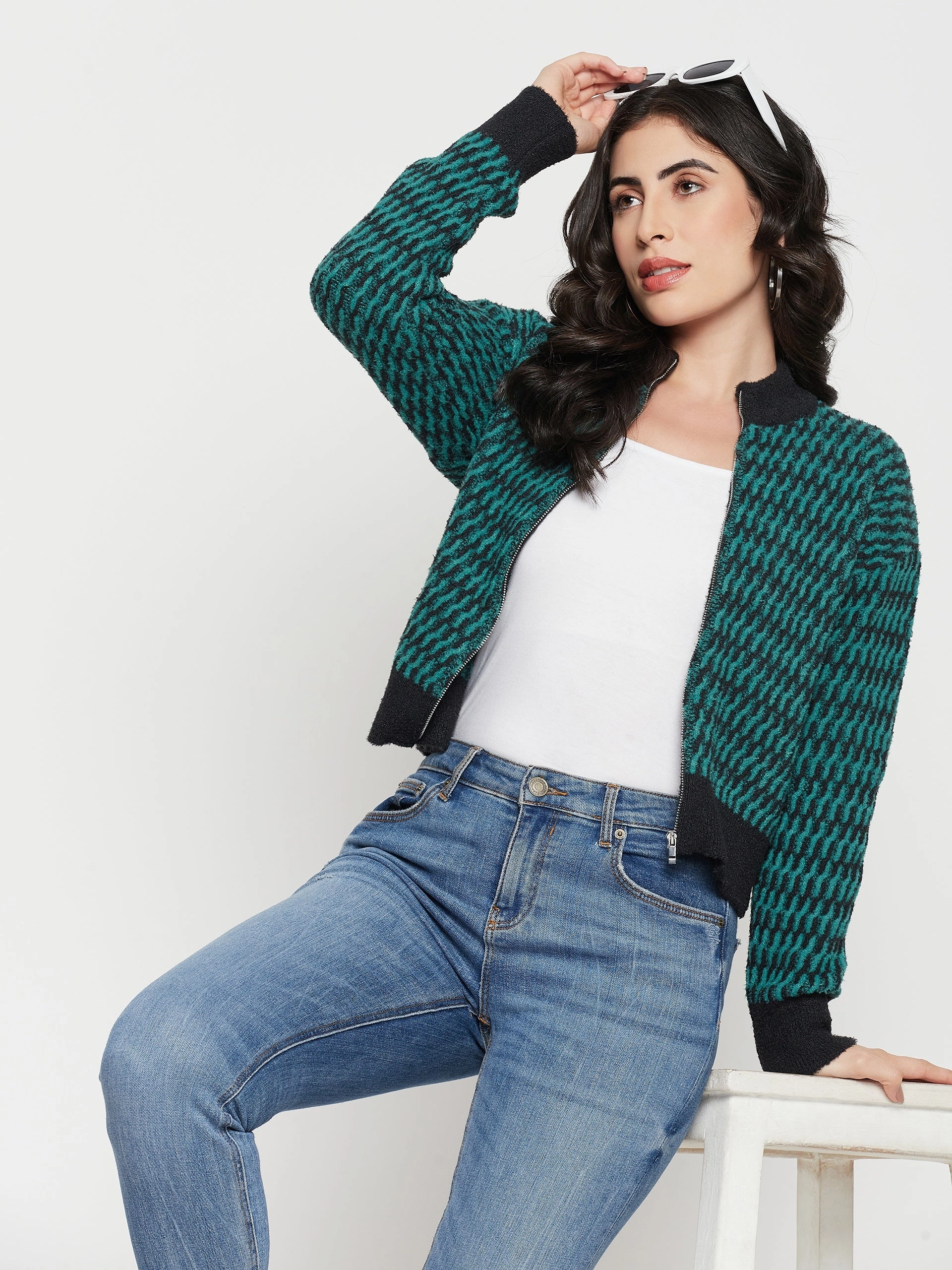 Madame Printed Emerald Green Sweater Yarn Dyed Fabric Fashion staples