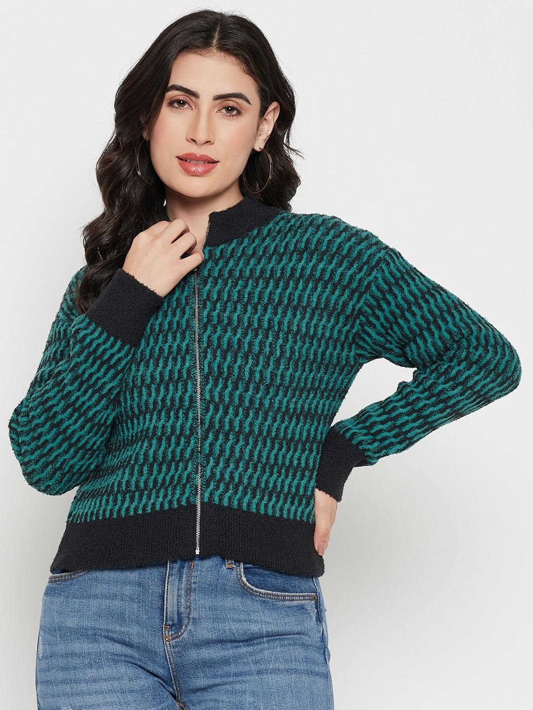 Layered Fashion Madame Printed Emerald Green Sweater