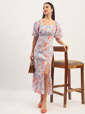 Walkable Flow Madame Printed Fit And Flare Blue Cotton Maxi Dress