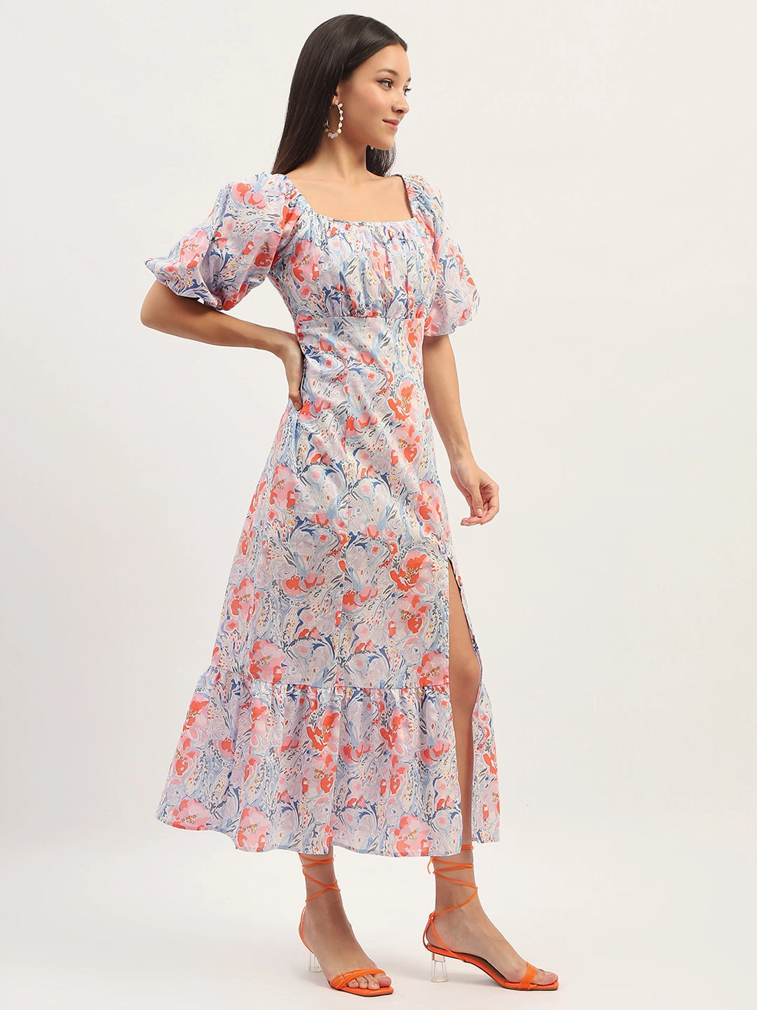 Comfortable fit for outings Madame Printed Fit And Flare Blue Cotton Maxi Dress