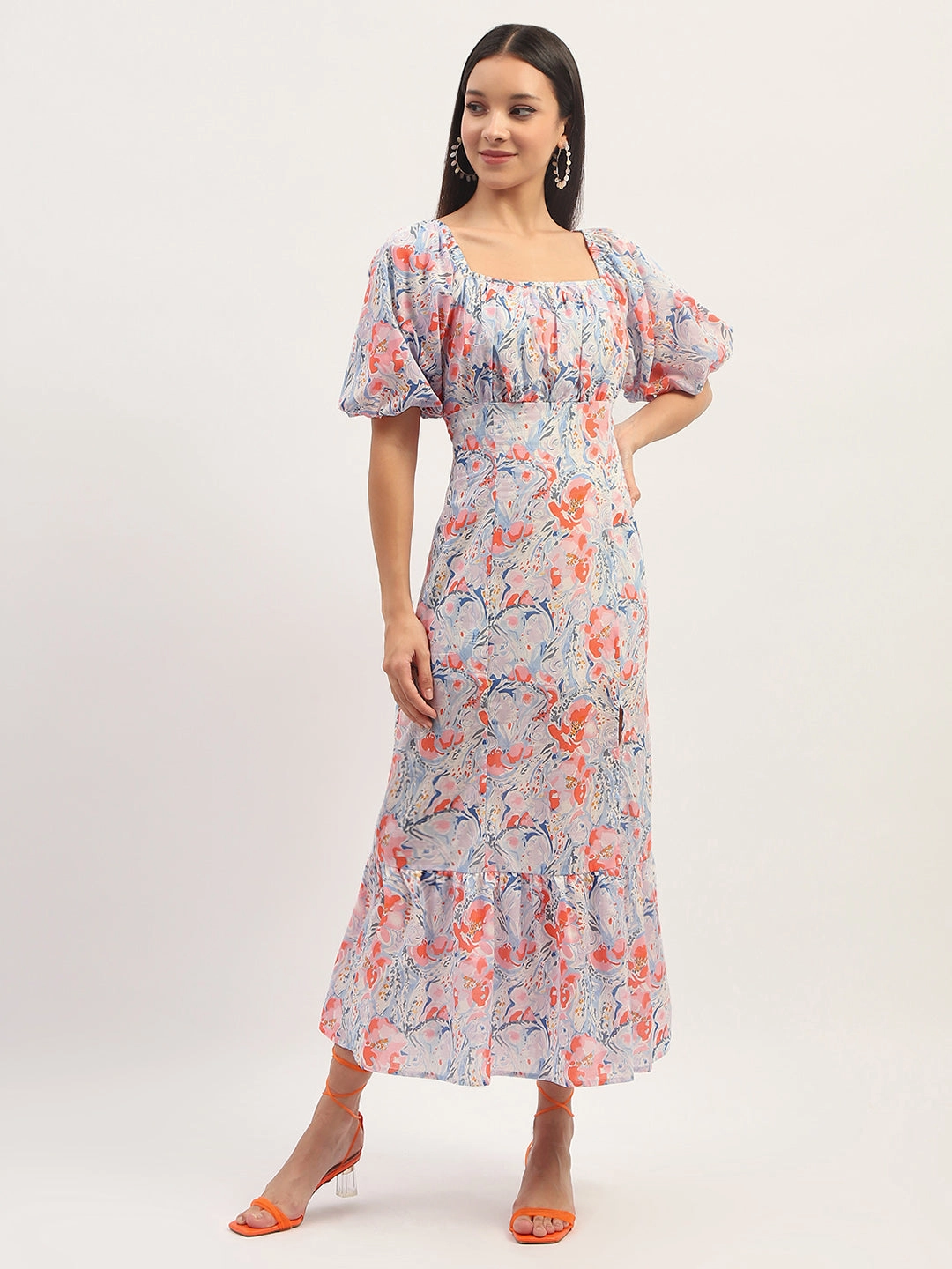 Madame Printed Fit And Flare Blue Cotton Maxi Dress Soft Fashion Timeless Fit Look