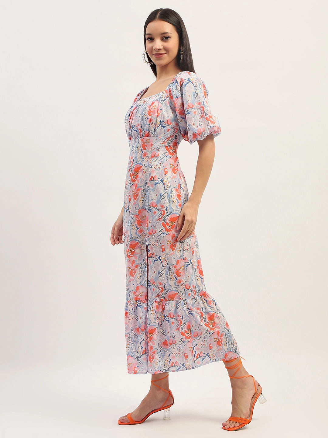 Madame Printed Fit And Flare Blue Cotton Maxi Dress Anti-Static-Finish Lounge Texture