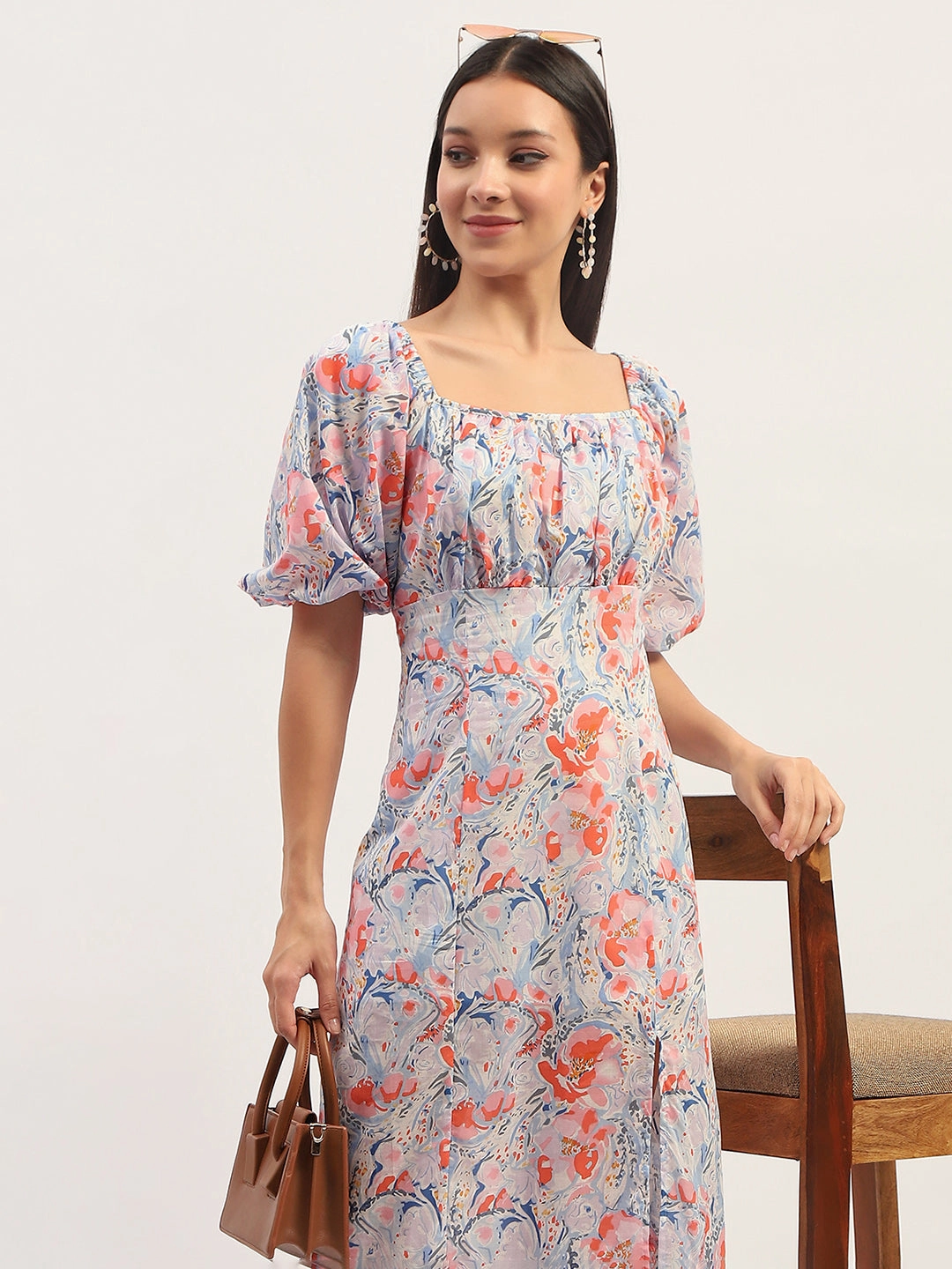Madame Printed Fit And Flare Blue Cotton Maxi Dress Fashionable Cut Travel Essential