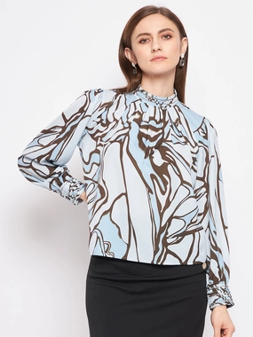 Madame Printed Floral Motif Blue Top Drop Shoulder Variable Tension Adjustment