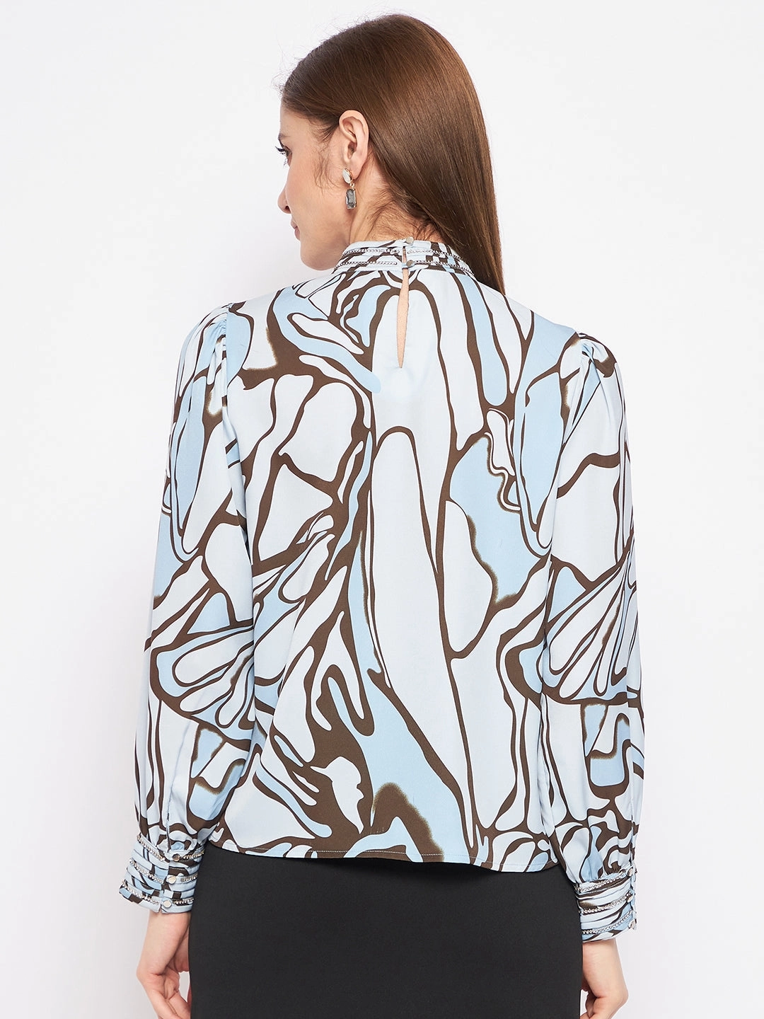 Madame Printed Floral Motif Blue Top Layered Neckline High Collar Protection Design