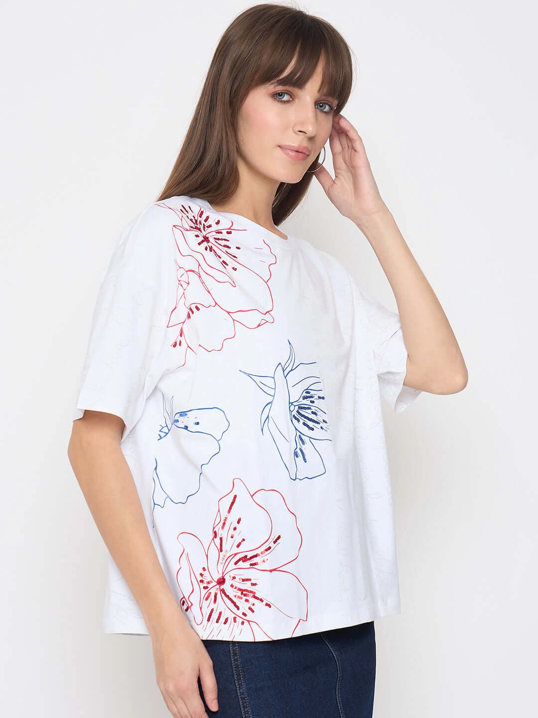 Ultimate Fit Madame Printed Handwork Detail White Sinker T-shirt