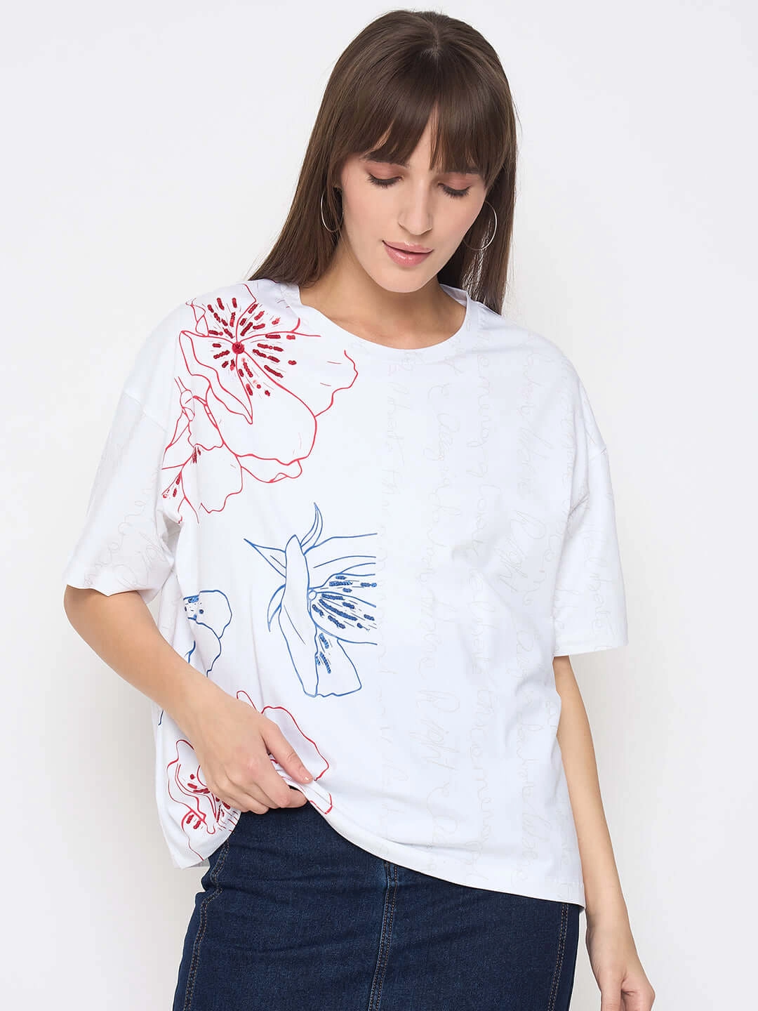 Madame Printed Handwork Detail White Sinker T-shirt Breathable Design