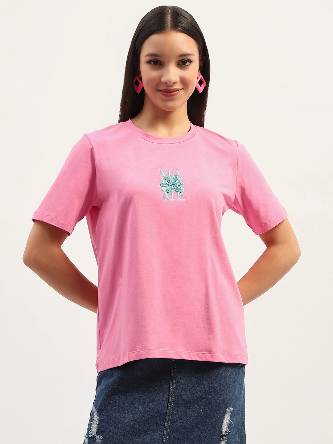 Madame Printed Pink T-Shirt Casual Performance Fit