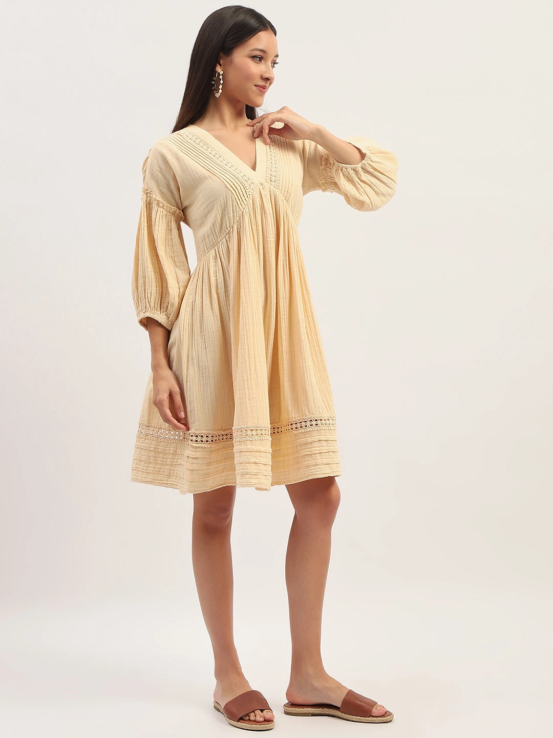 Madame Puff Sleeve Fit And Flare Cotton Beige Midi Dress Flowy-Shape Sleek Outline
