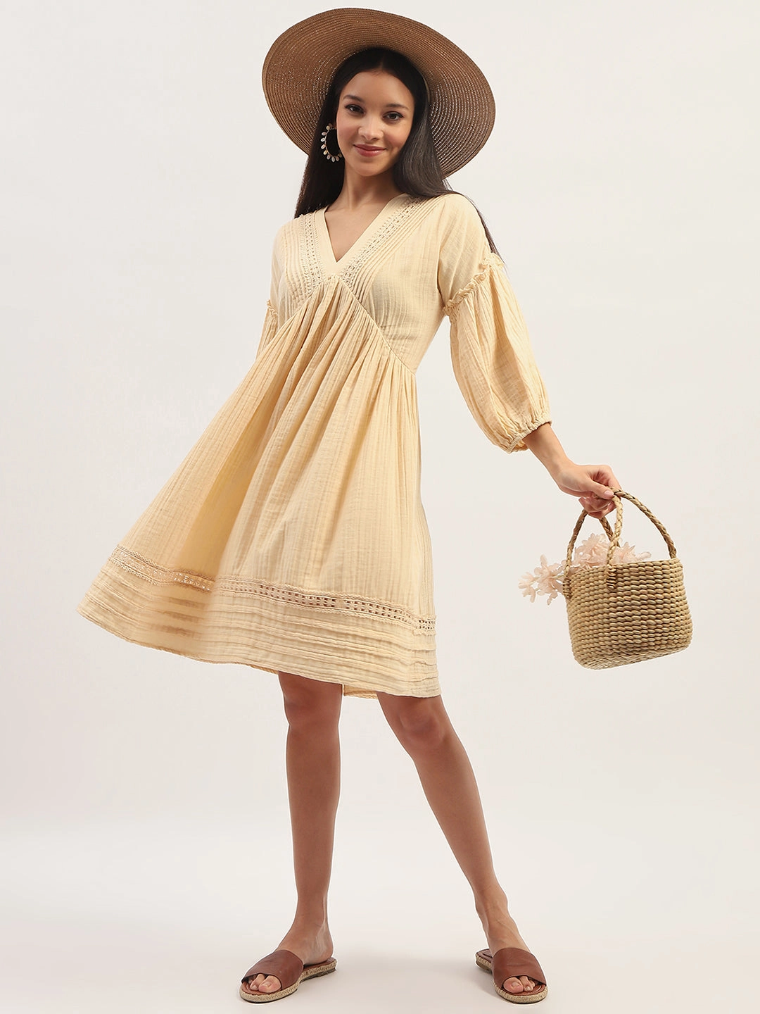 Comfortable and Chic Madame Puff Sleeve Fit And Flare Cotton Beige Midi Dress