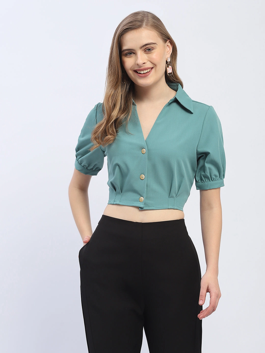 Madame Puff Sleeve Green Crop Shirt Formal top