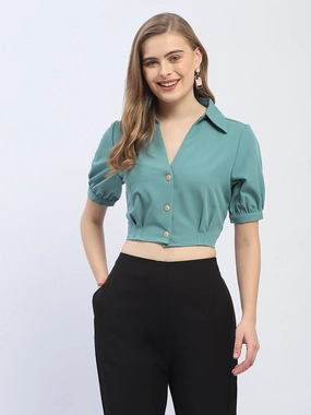 SecurePockets Madame Puff Sleeve Green Crop Shirt