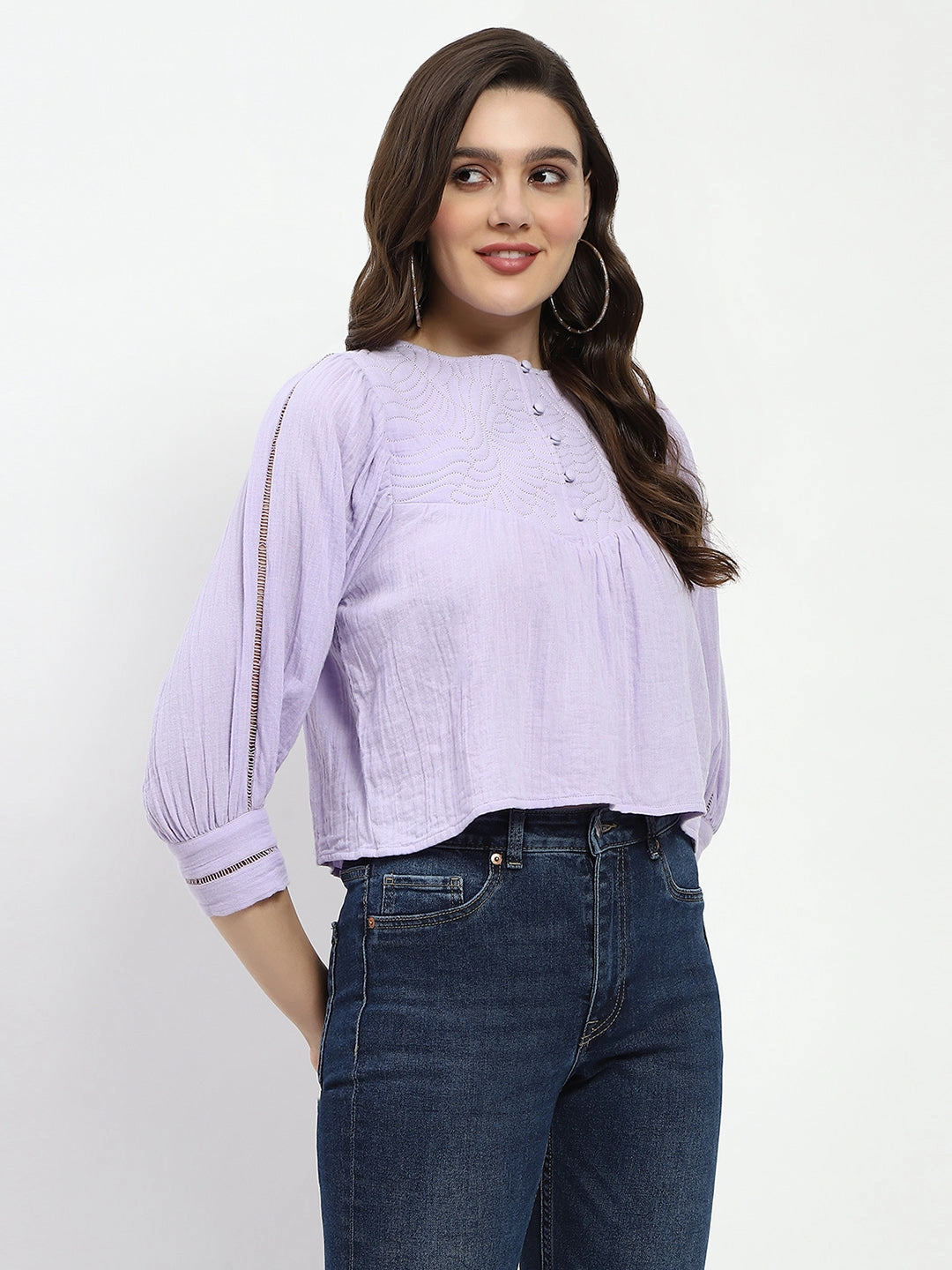 Foldable Cuff Design MeshPanel Madame Puff Sleeve Lilac Tunic Top