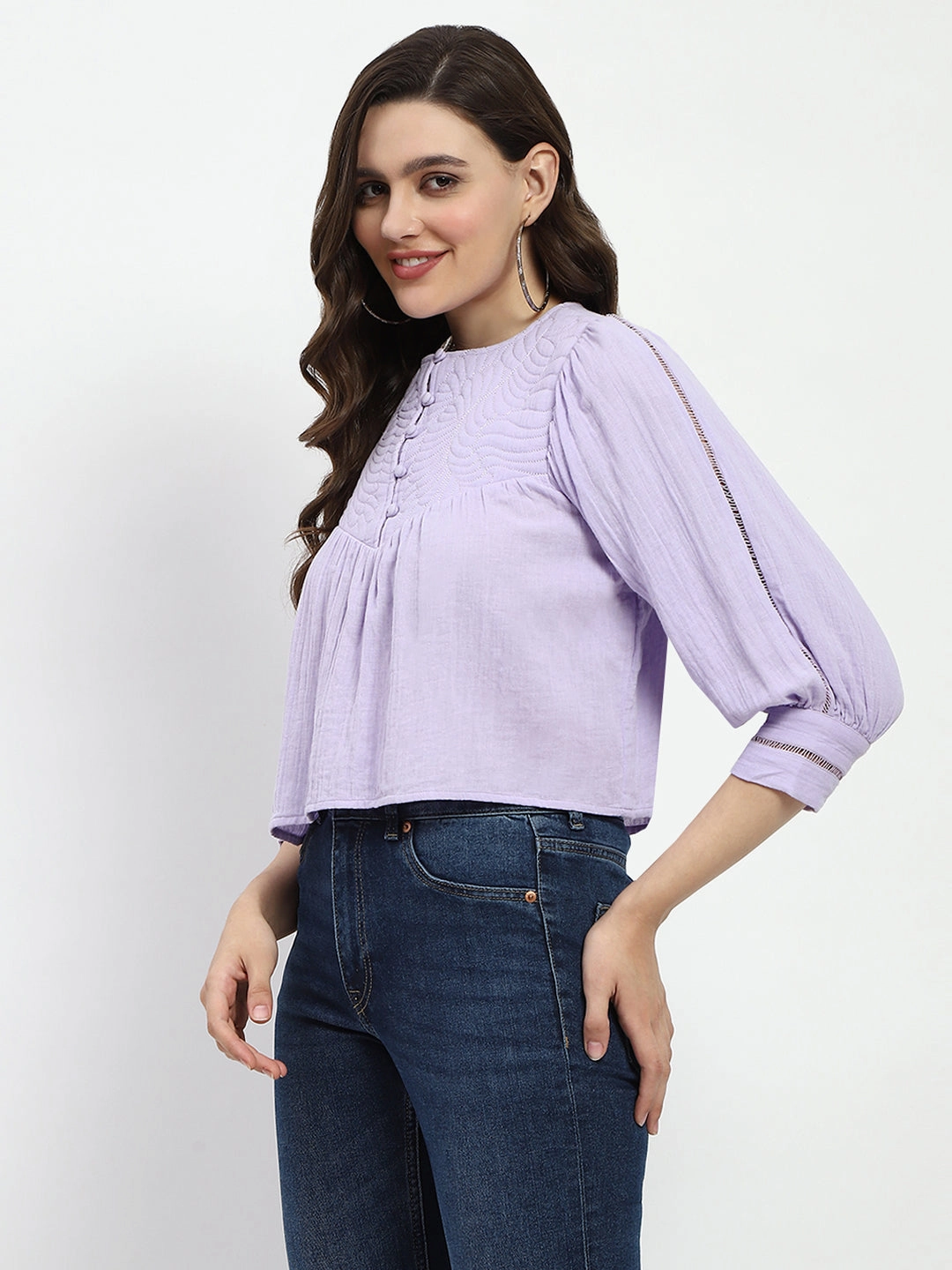 Madame Puff Sleeve Lilac Tunic Top Flexible Waistband