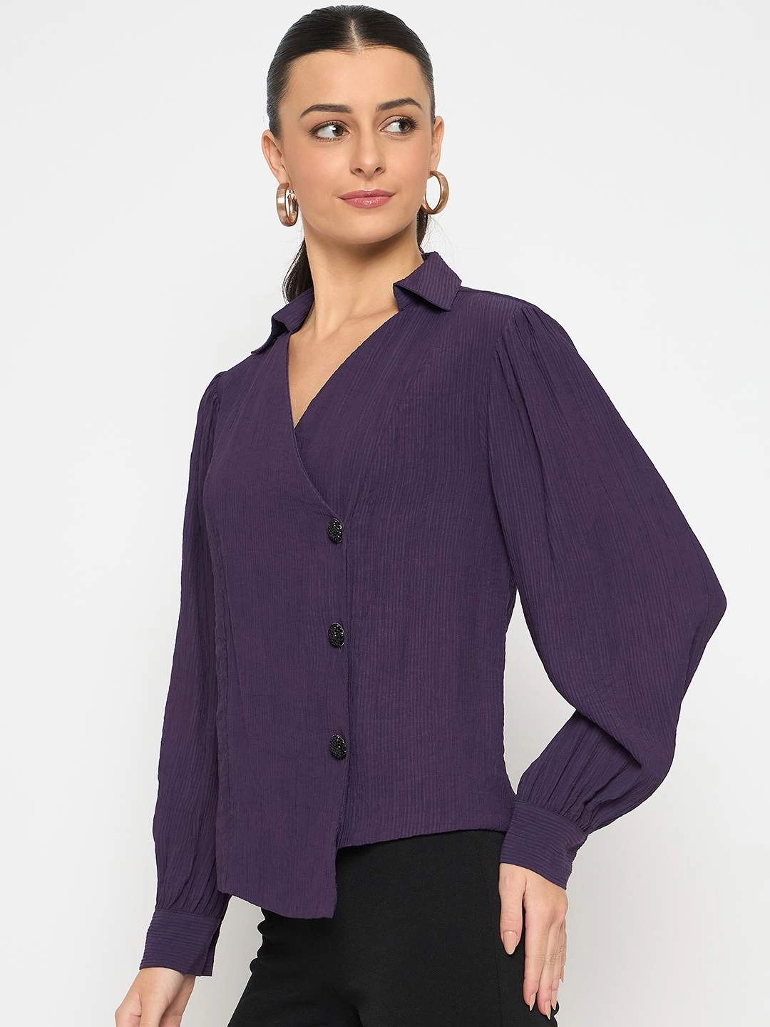 FrictionResistant Fabric Soft Knit Madame Purple Asymmetrical Front Hemline Rayon Blend Shirt