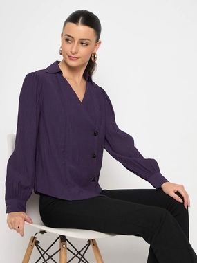 Minimalist Stitching BreathableMeshPanels Madame Purple Asymmetrical Front Hemline Rayon Blend Shirt
