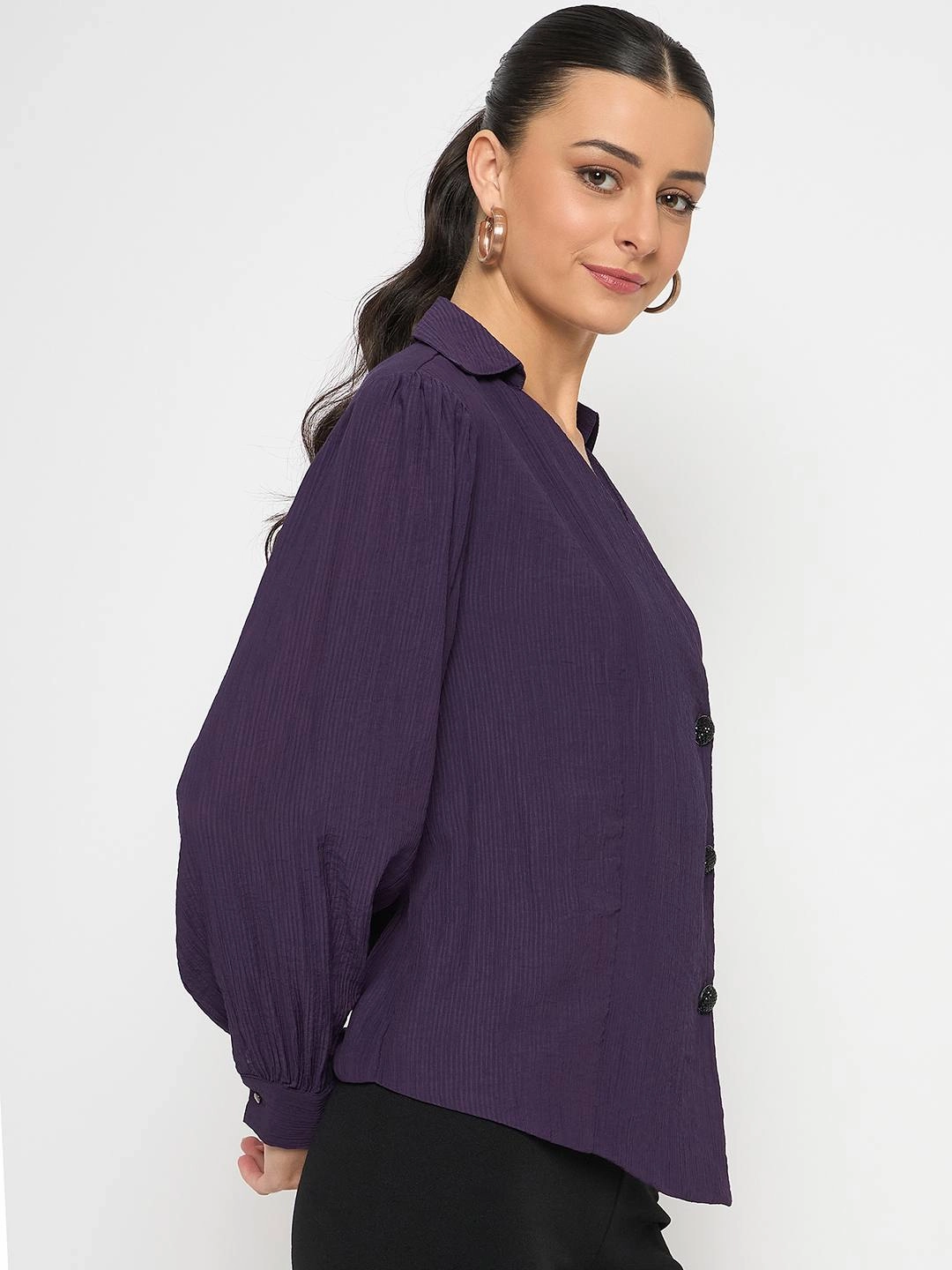 MeshVentilation NonIrritating Madame Purple Asymmetrical Front Hemline Rayon Blend Shirt