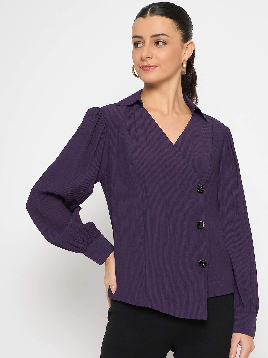Madame Purple Asymmetrical Front Hemline Rayon Blend Shirt AntiStaticTreatment ThermalRegulating
