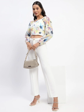 DoubleStitched Hem Rolled Hem Detailing Madame Queen Anne Neckline Floral Print Puff Sleeve White Crop Top