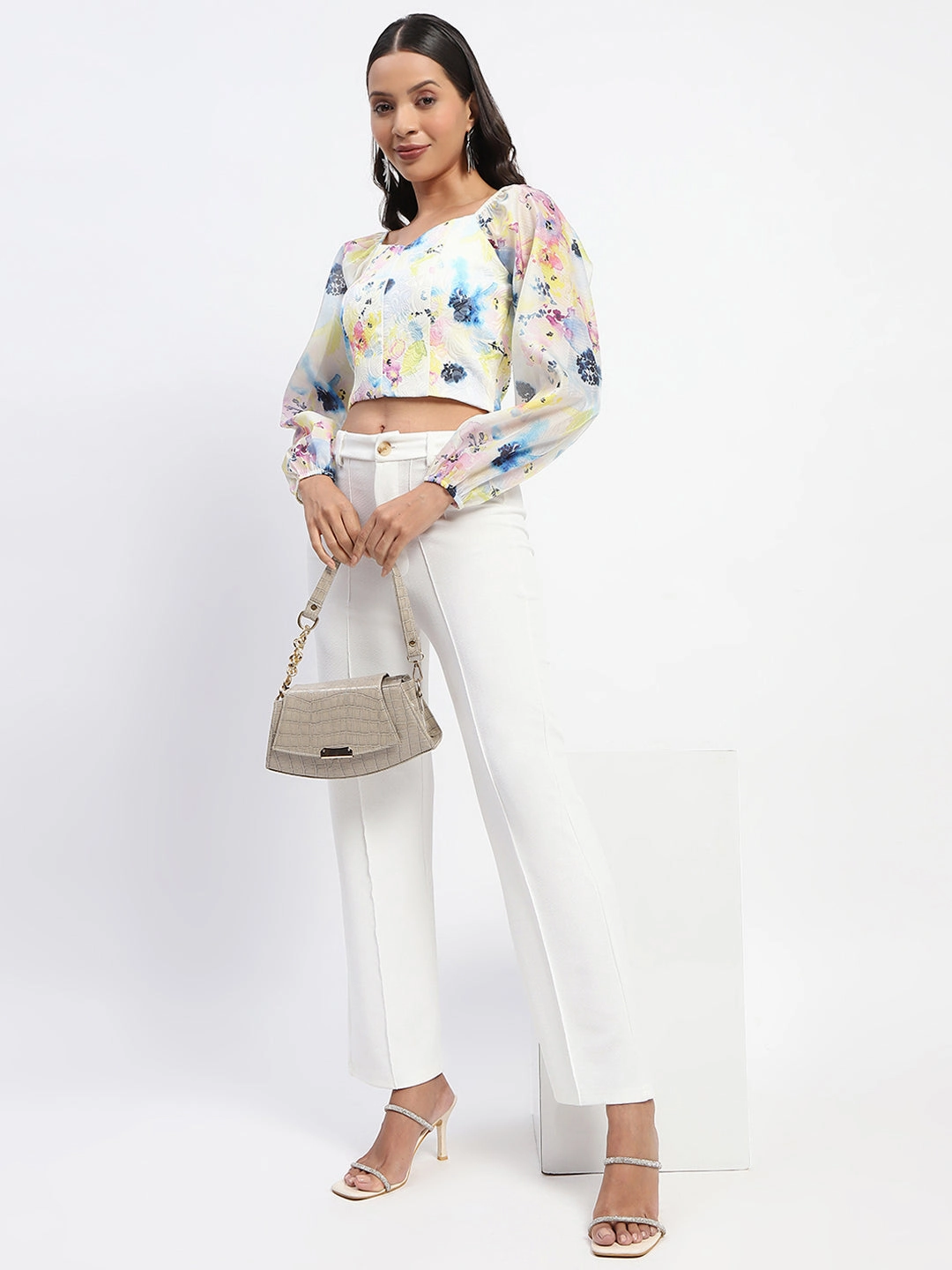 DoubleStitched Hem Rolled Hem Detailing Madame Queen Anne Neckline Floral Print Puff Sleeve White Crop Top