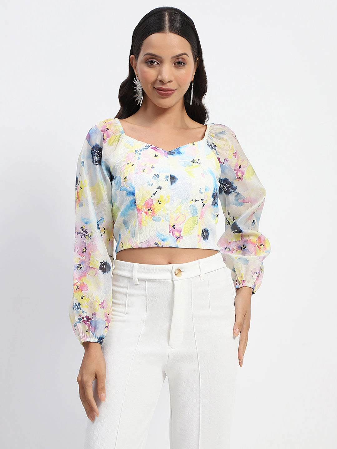 Madame Queen Anne Neckline Floral Print Puff Sleeve White Crop Top OdorResistantFinish SoftTouchFinish
