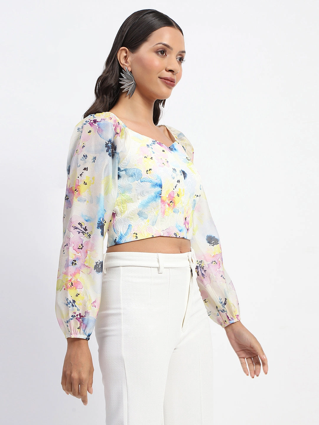 Madame Queen Anne Neckline Floral Print Puff Sleeve White Crop Top Silicone Grip Interior