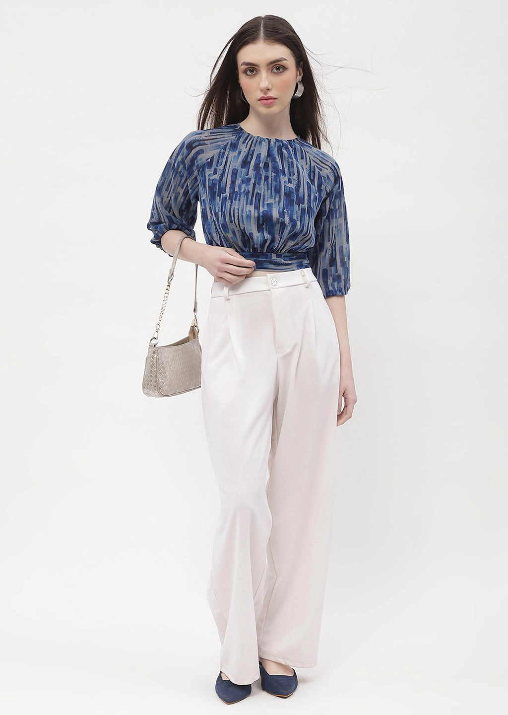 Madame Raglan Sleeve Blue Abstract Print Crop Top Relaxed Fit Shirt Bohemian style