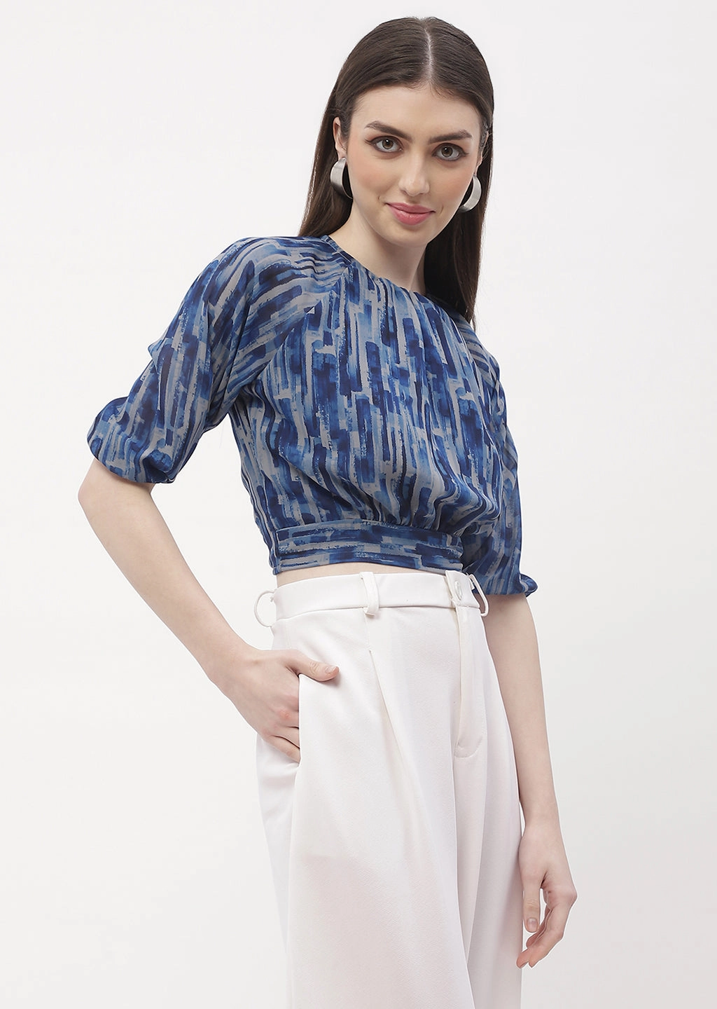 Madame Raglan Sleeve Blue Abstract Print Crop Top Tear Resistant Weave