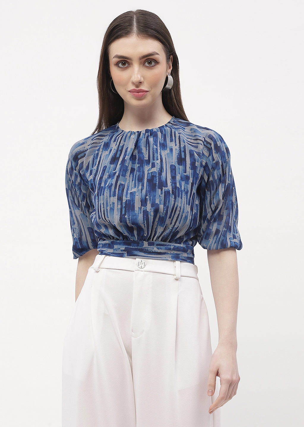 Stretch Blouse TwillWeave Madame Raglan Sleeve Blue Abstract Print Crop Top
