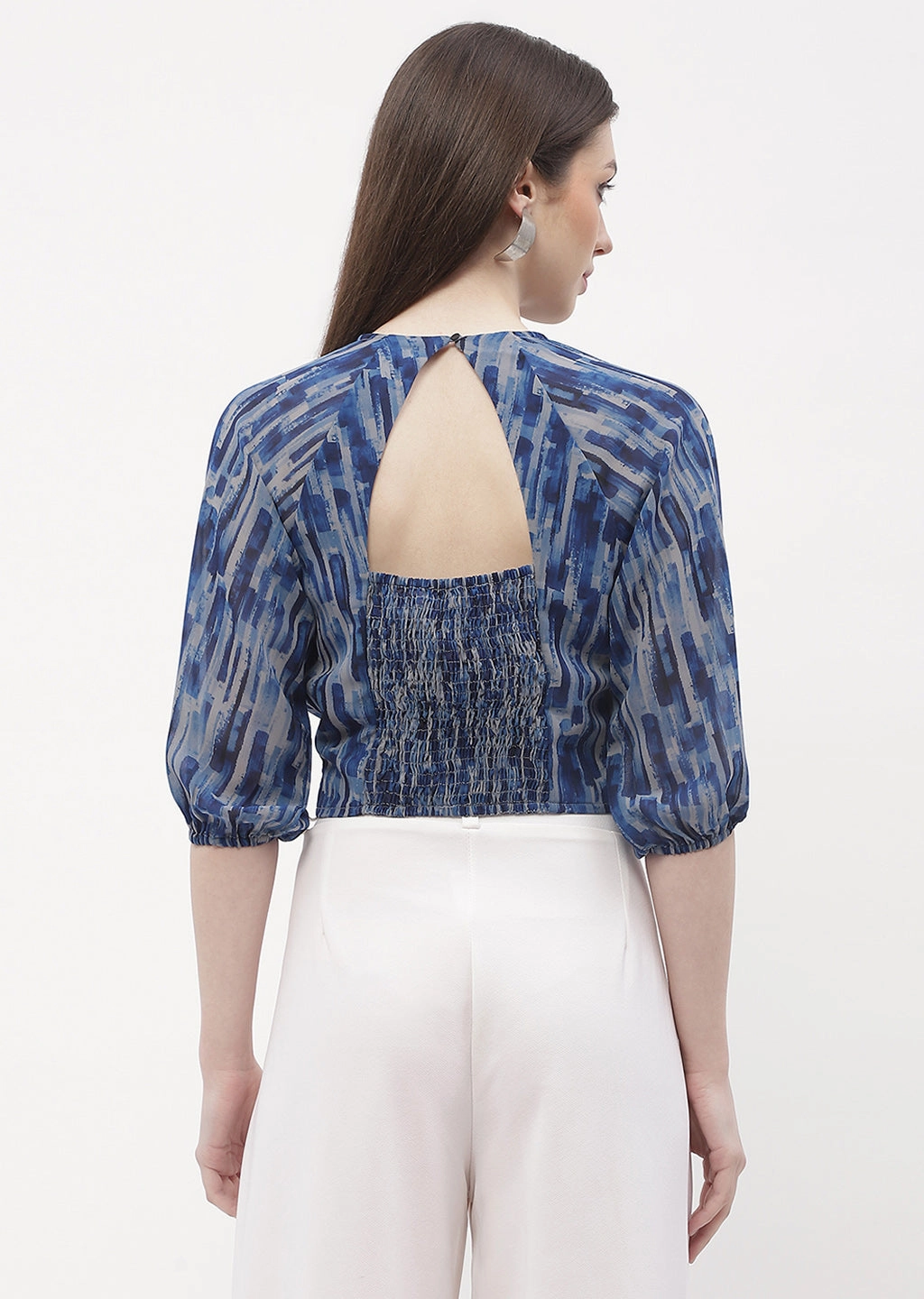 Madame Raglan Sleeve Blue Abstract Print Crop Top Adjustable Cuff System NonFade Dye